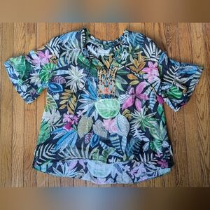 $348 Johnny Was Jungle Tropical Floral Embroidered Easy Field Blouse Sz L W11721